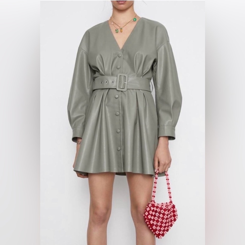 Zara Sage Green Faux Leather Mini Dress Puff Sleeve Belted V-Neck Snap S - Picture 2 of 10